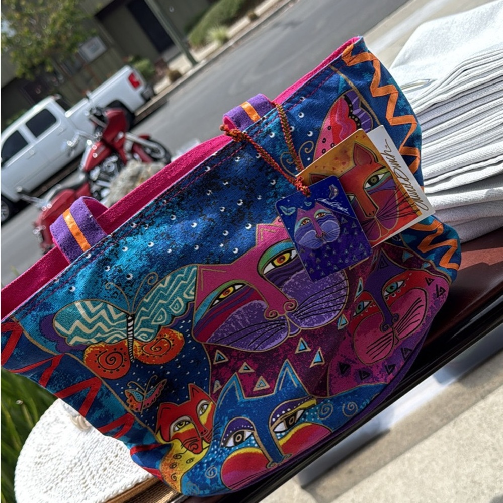Laurel Burch Multicolor Cat Tote with Blue and Pink Accents